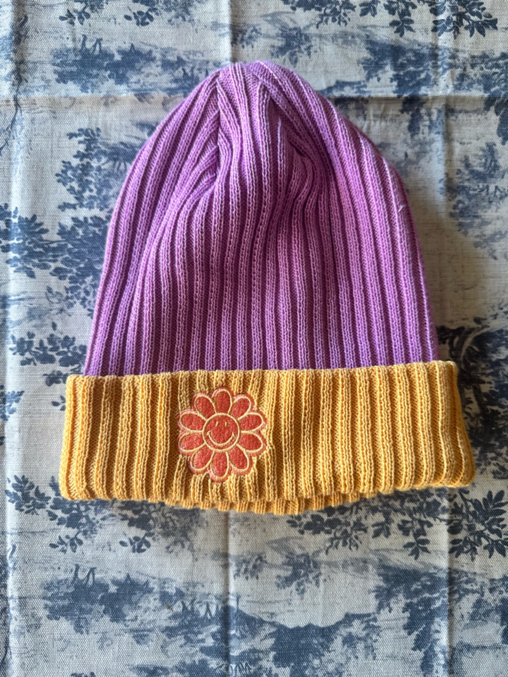 Billabong Purple and Yellow Kids Knit Beanie with Flower Patch